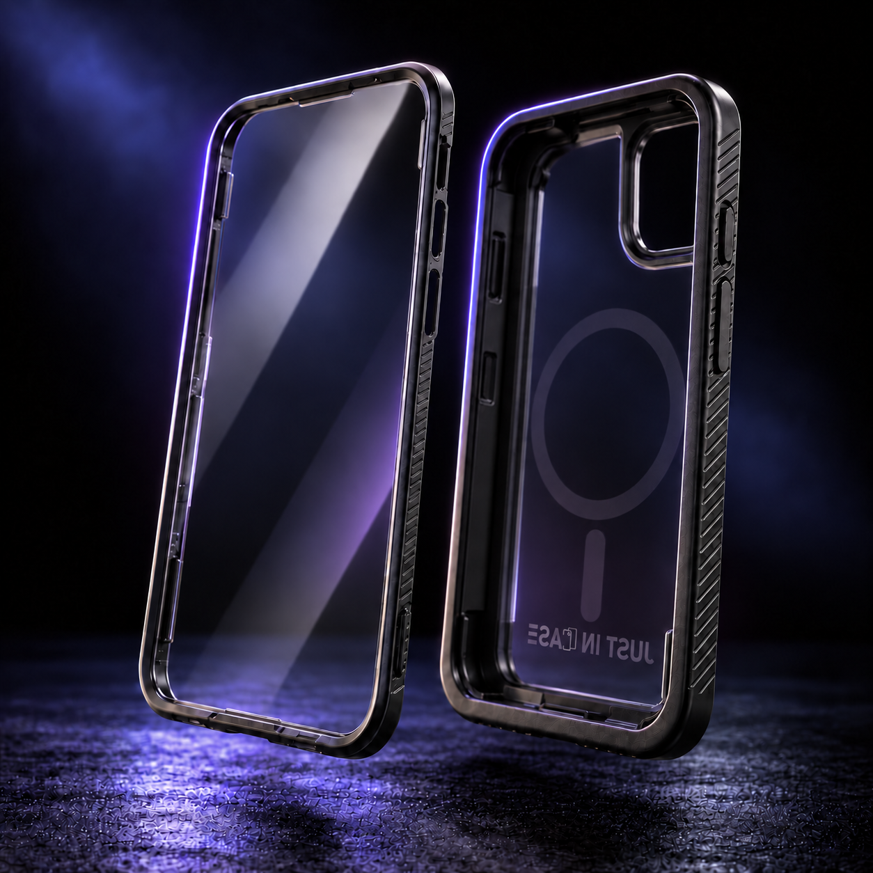 Separated front screen protector and rear case showing the complete built in protection system