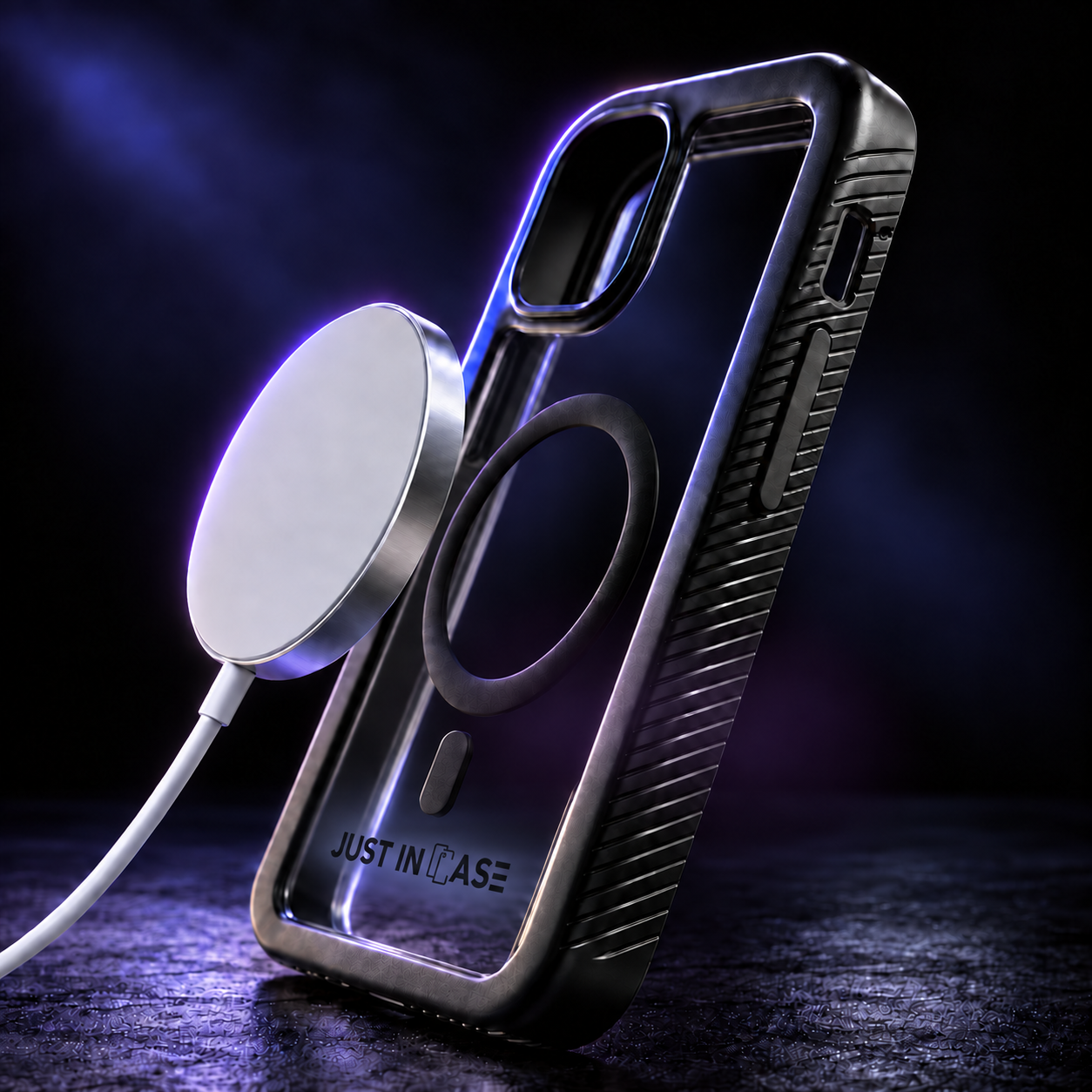 Just In Case transparent rear case with a MagSafe charger aligned to its magnetic ring in purple studio lighting