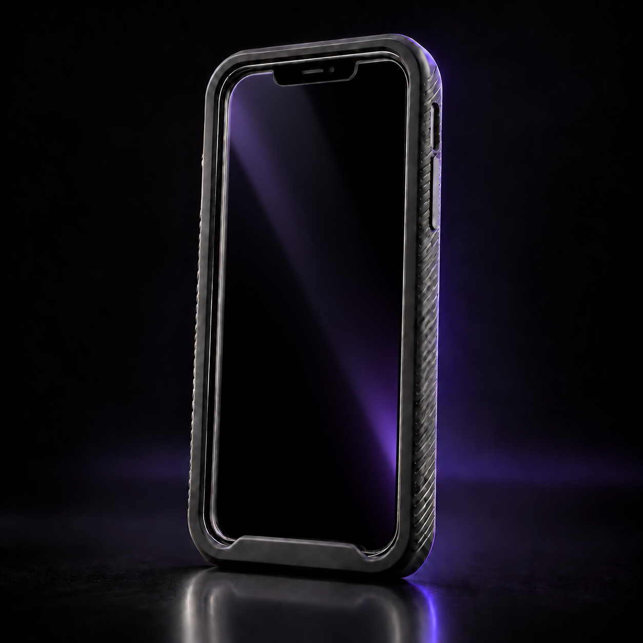 Front display side of Just In Case showing the built in screen protection in studio lighting