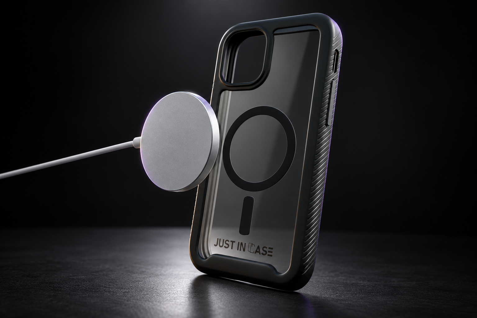 Rear of Just In Case with a MagSafe charger snapping onto the back