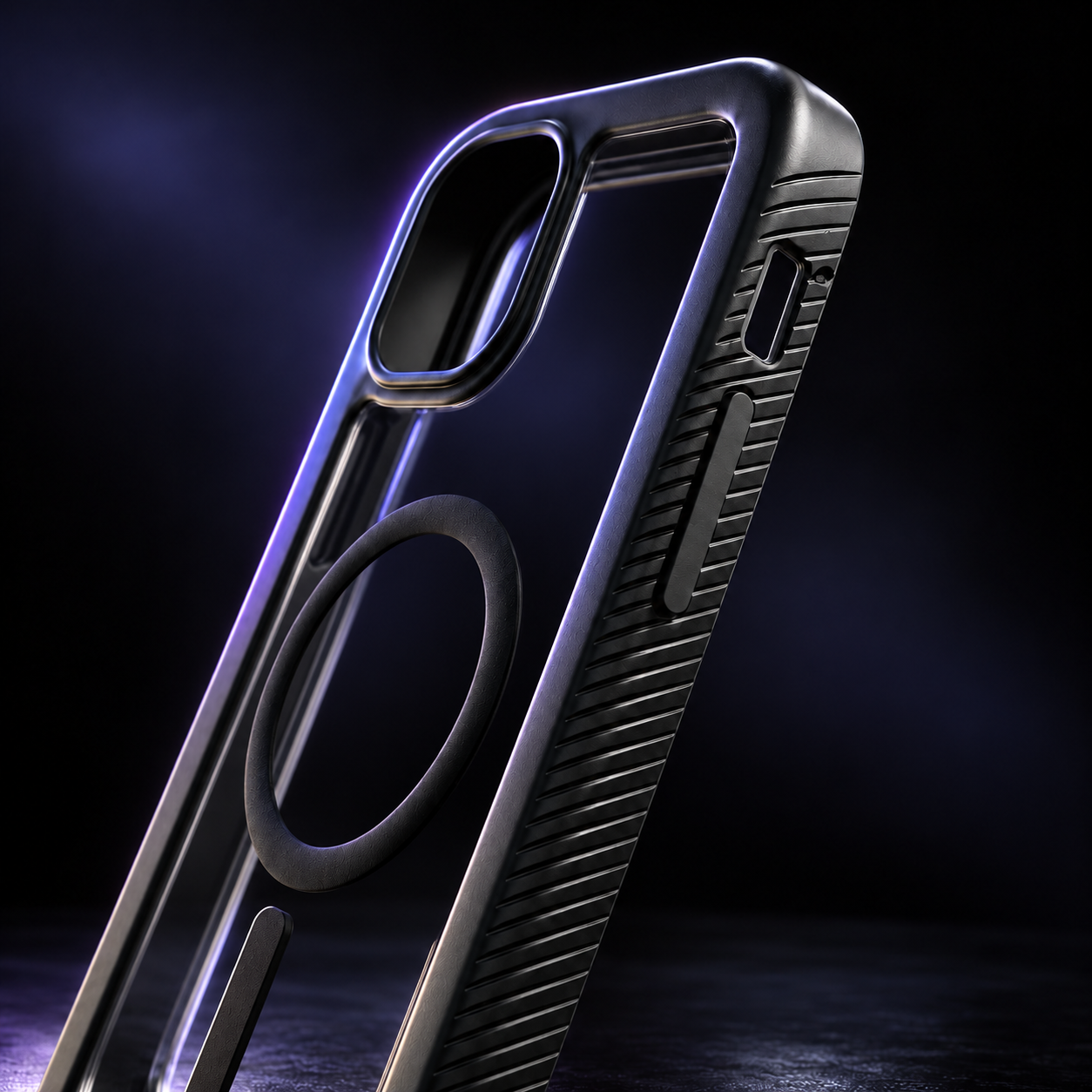 Studio close up of the slim profile, grip texture, and transparent back of Just In Case